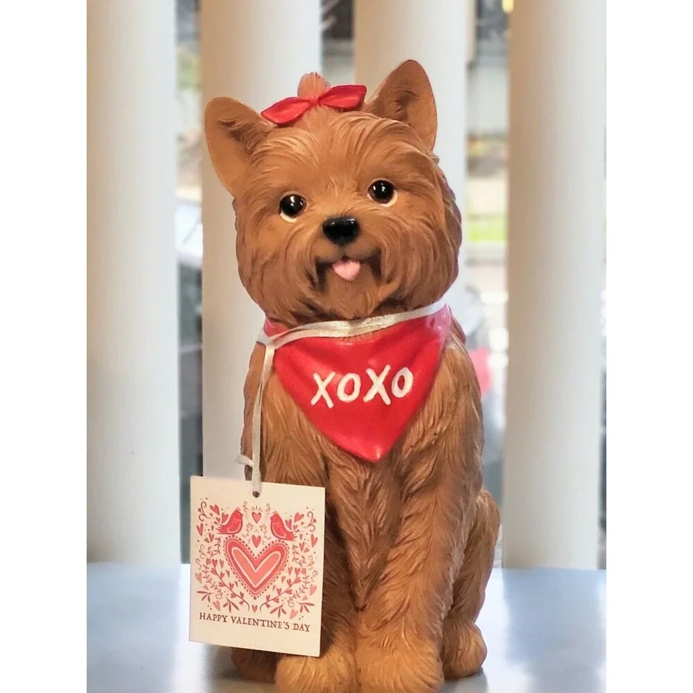 New Valentines Day Viral Yorkie Figurine with a red bow and a XOXO Bandana